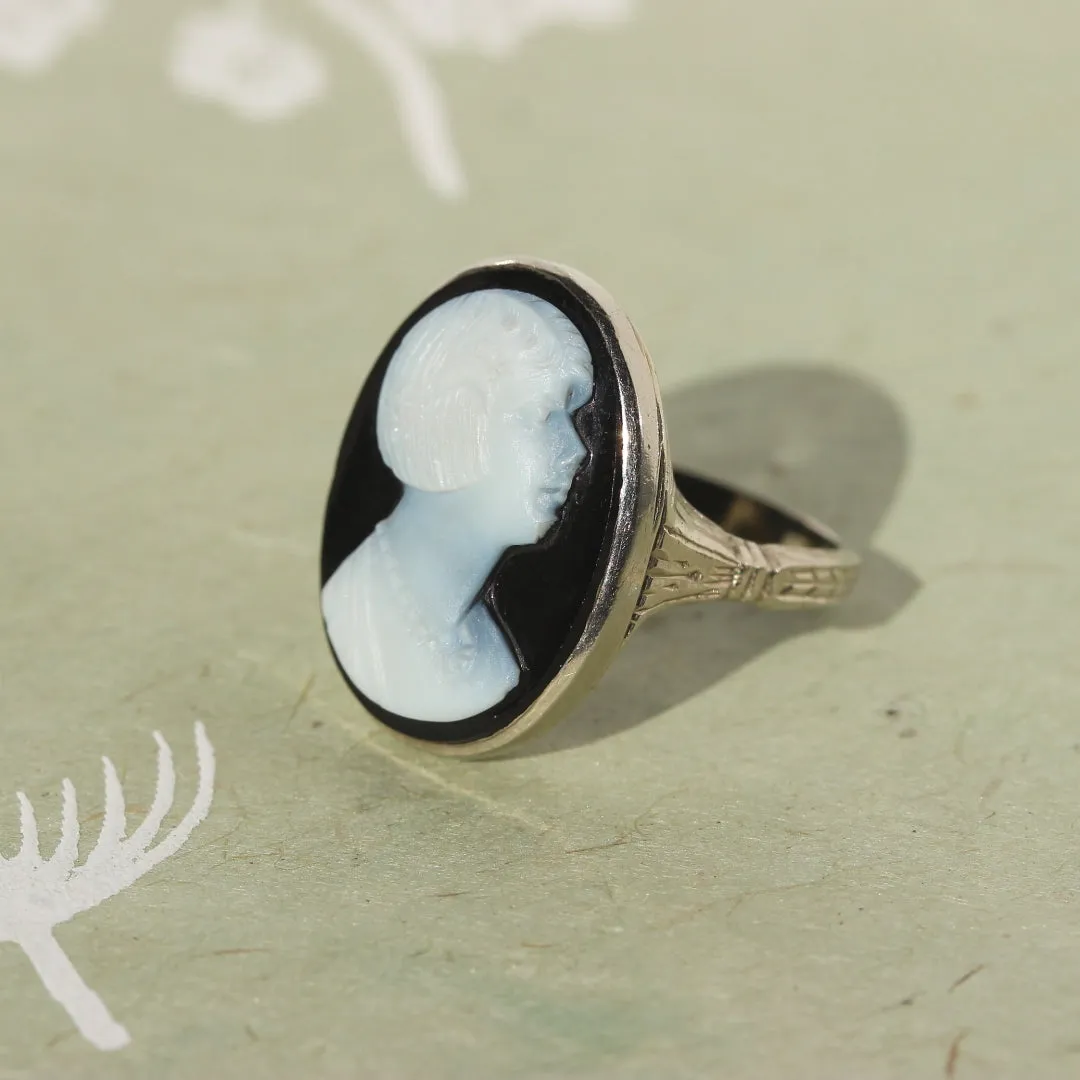 Art Deco Flapper Girl Cameo Ring, 14k