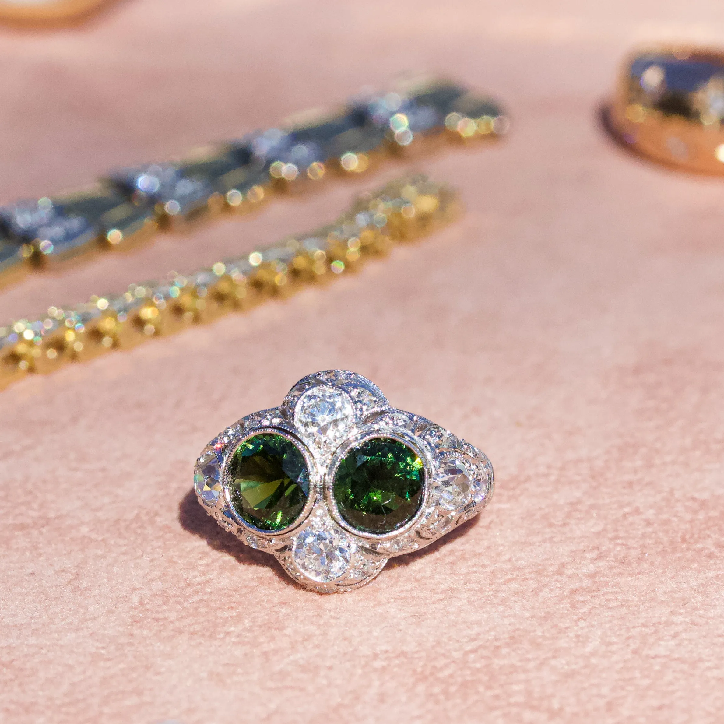 Art Deco Green Tourmaline & Diamond Toi-et-Moi Ring, Platinum