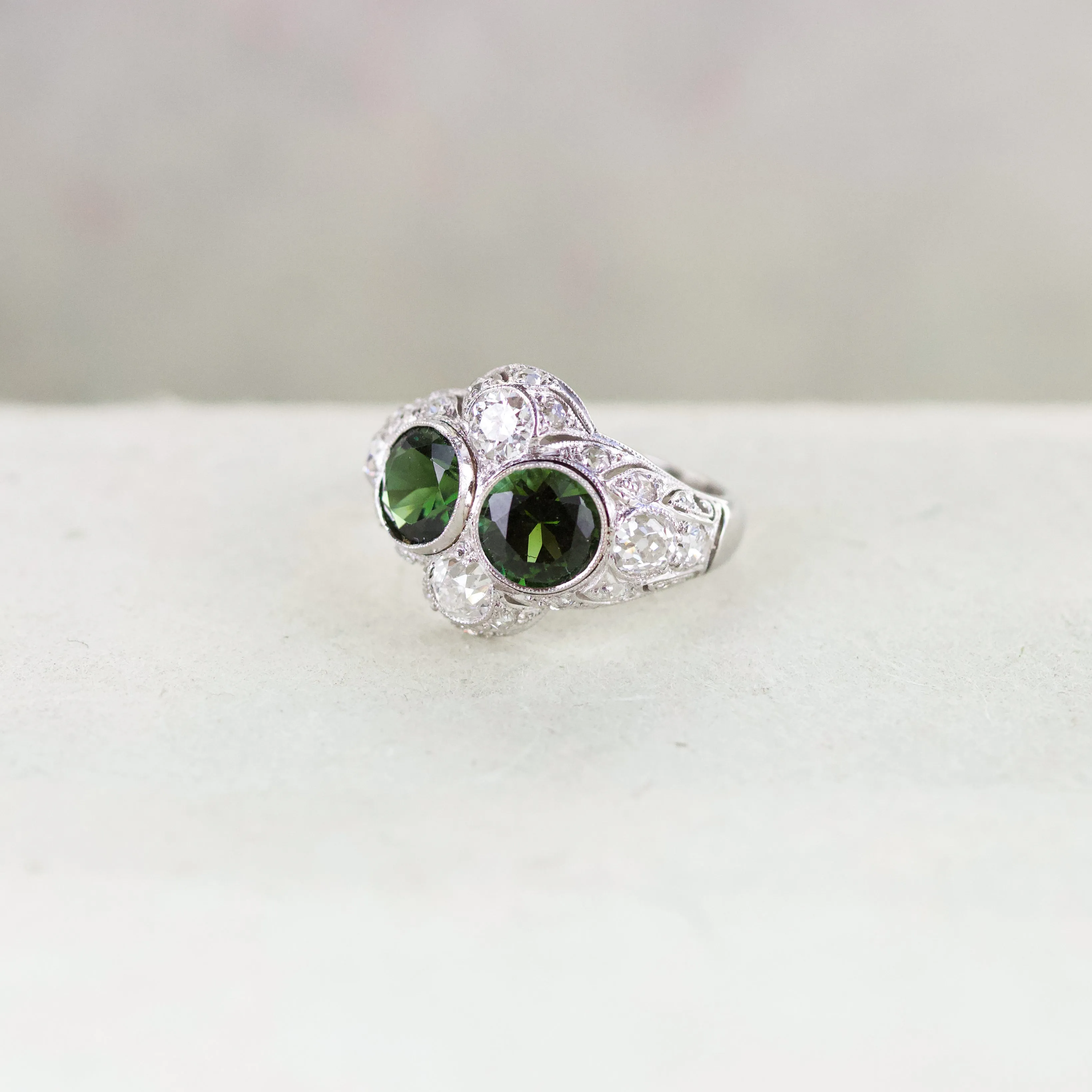Art Deco Green Tourmaline & Diamond Toi-et-Moi Ring, Platinum