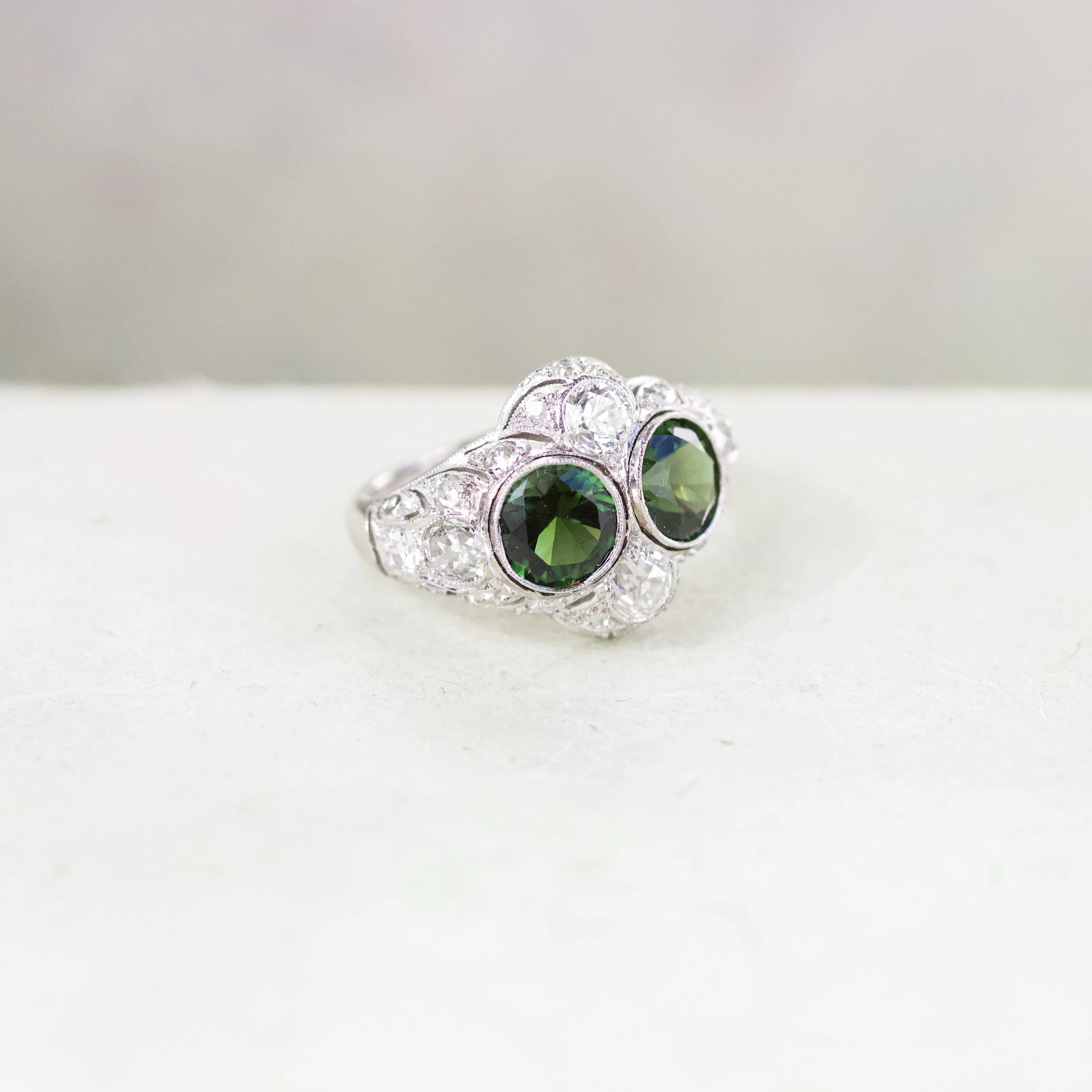 Art Deco Green Tourmaline & Diamond Toi-et-Moi Ring, Platinum