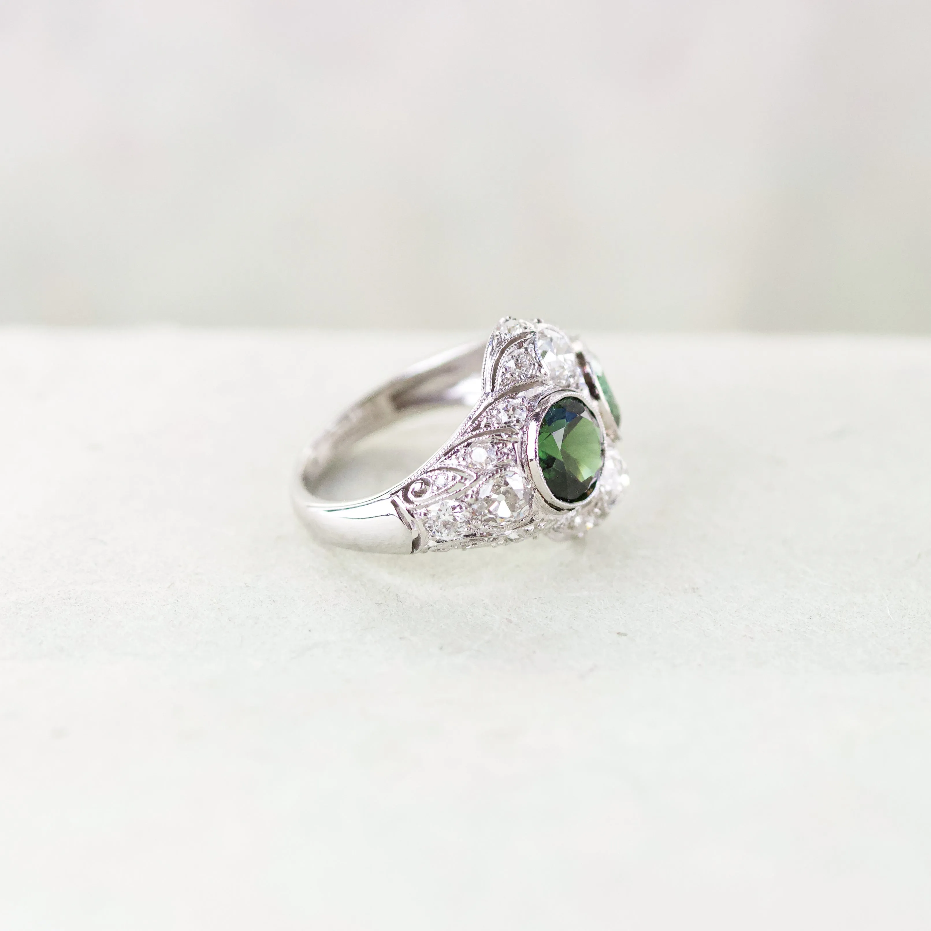 Art Deco Green Tourmaline & Diamond Toi-et-Moi Ring, Platinum
