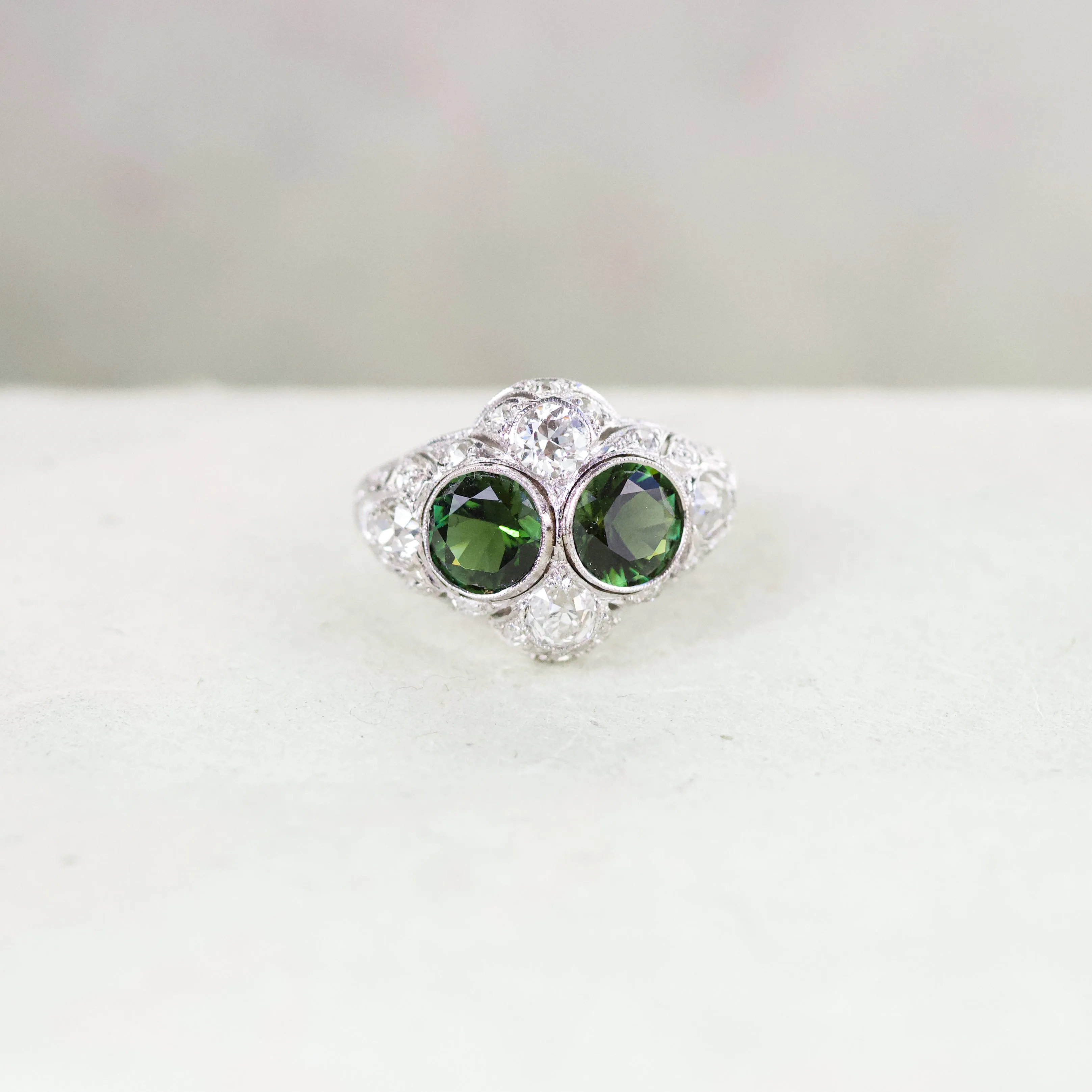 Art Deco Green Tourmaline & Diamond Toi-et-Moi Ring, Platinum