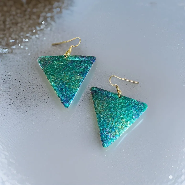 Art Deco Hand Painted Blue Green Triangle Earrings