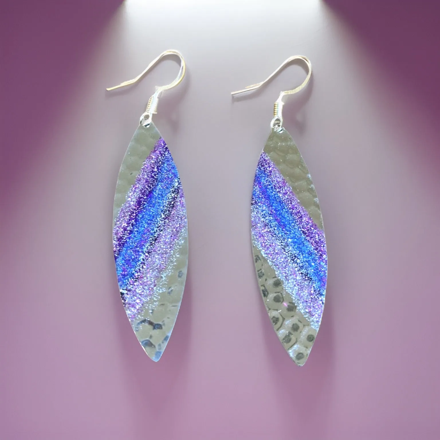 Art Deco Hand Painted Purple & Blue Navette Earrings