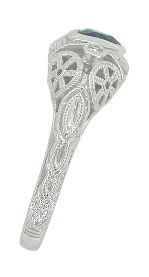 Art Deco Heart Sapphire and Diamond Filigree Ring in 14 Karat White Gold