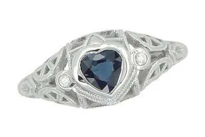 Art Deco Heart Sapphire and Diamond Filigree Ring in 14 Karat White Gold