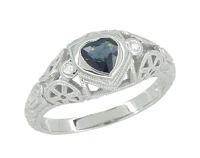 Art Deco Heart Sapphire and Diamond Filigree Ring in 14 Karat White Gold
