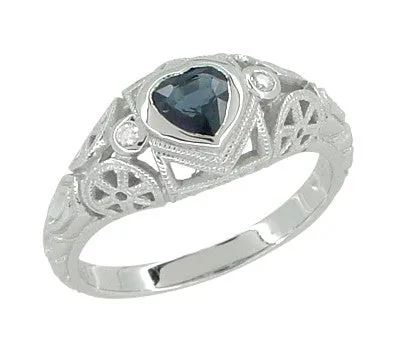 Art Deco Heart Sapphire and Diamond Filigree Ring in 14 Karat White Gold