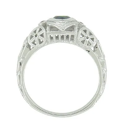 Art Deco Heart Sapphire and Diamond Filigree Ring in 14 Karat White Gold