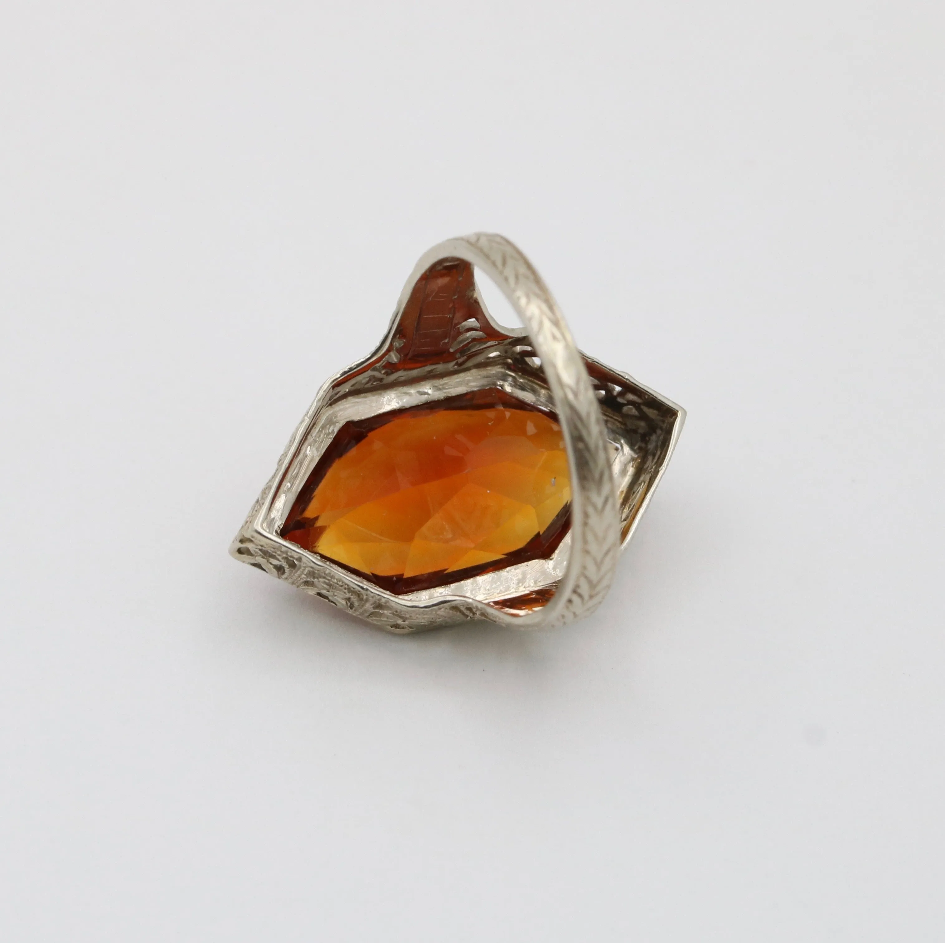 Art Deco Hexagonal Citrine and 14K Gold Filigree Ring