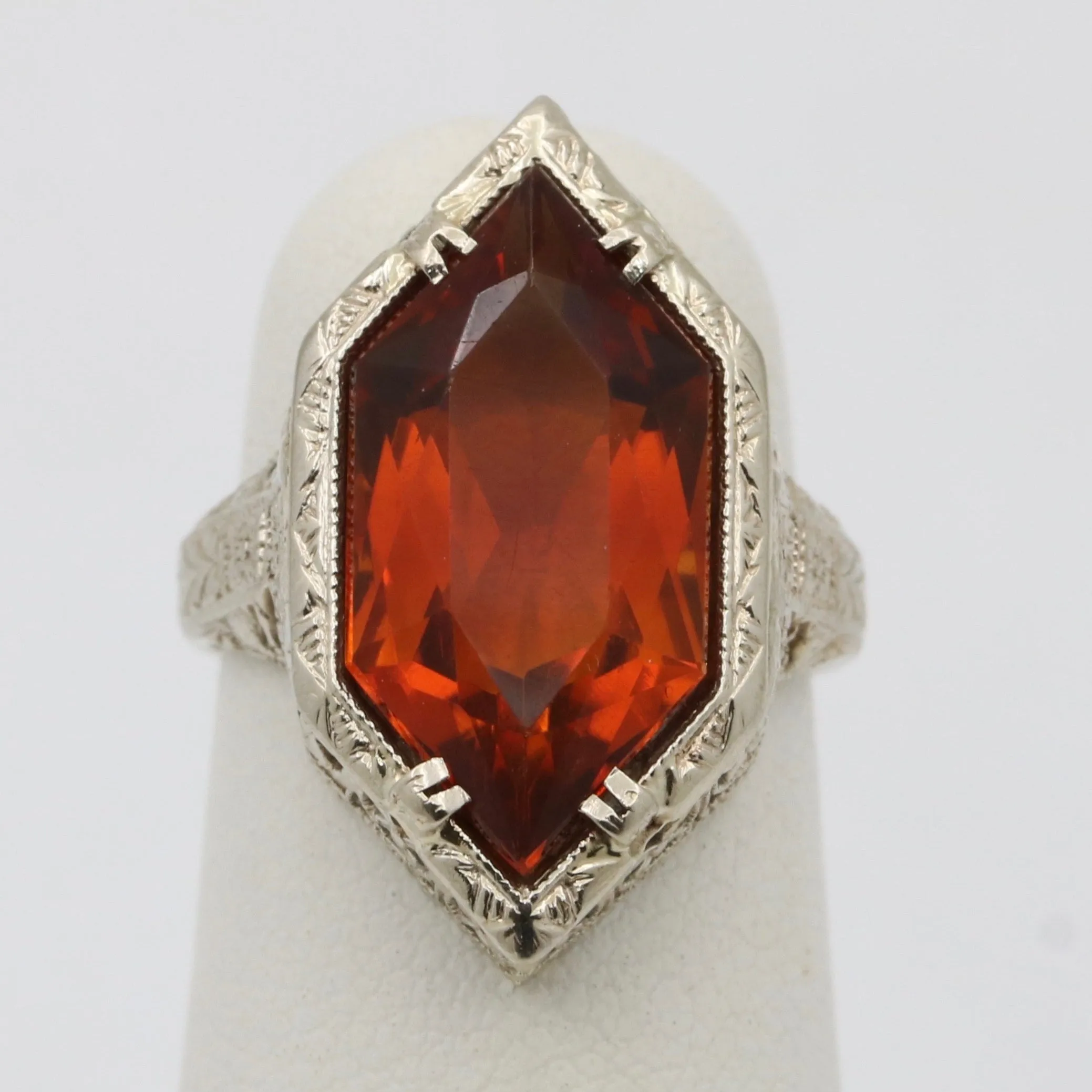 Art Deco Hexagonal Citrine and 14K Gold Filigree Ring