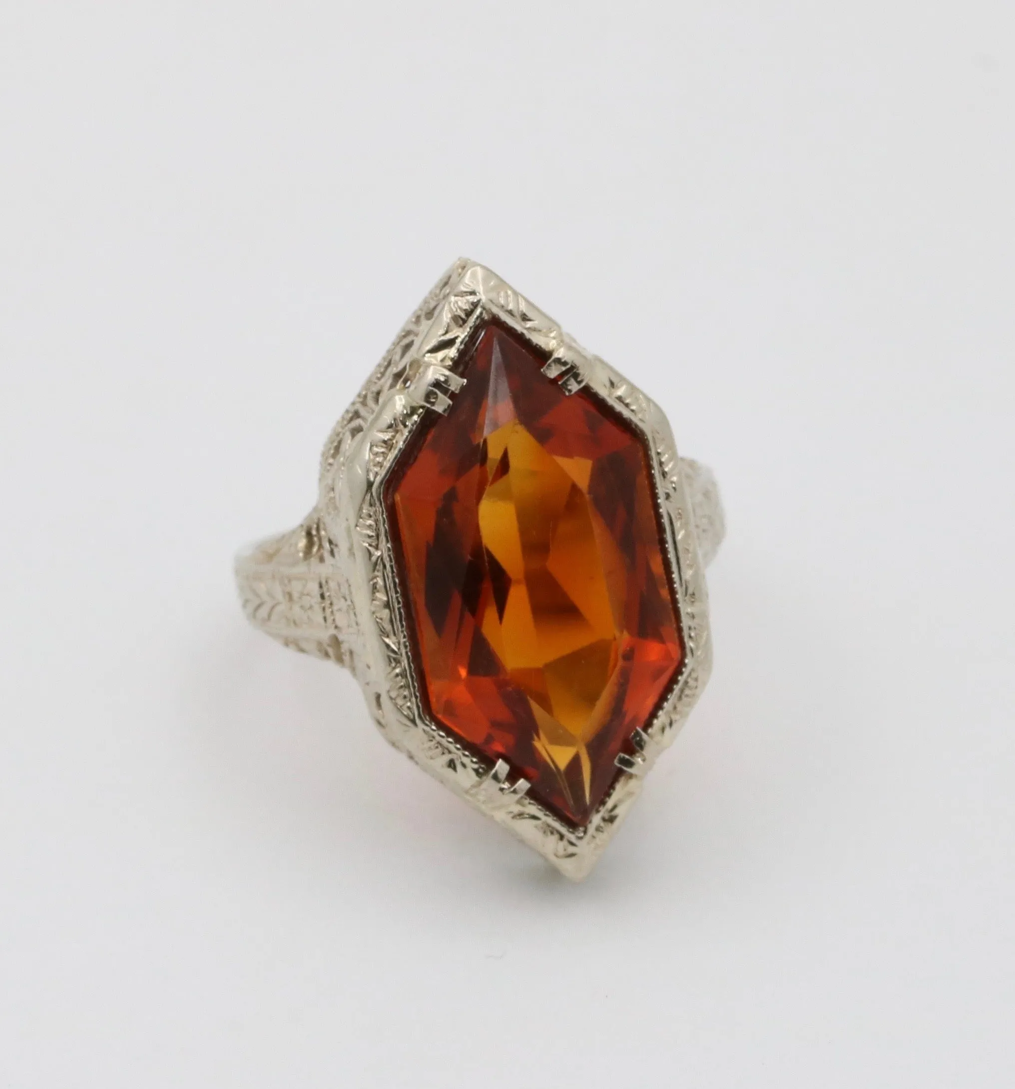 Art Deco Hexagonal Citrine and 14K Gold Filigree Ring