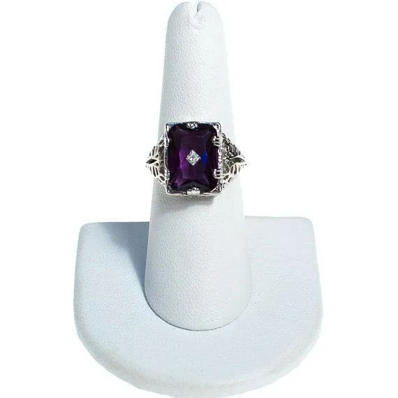 Art Deco Inspired Amethyst Crystal Statement Ring in Filigree Silver Setting