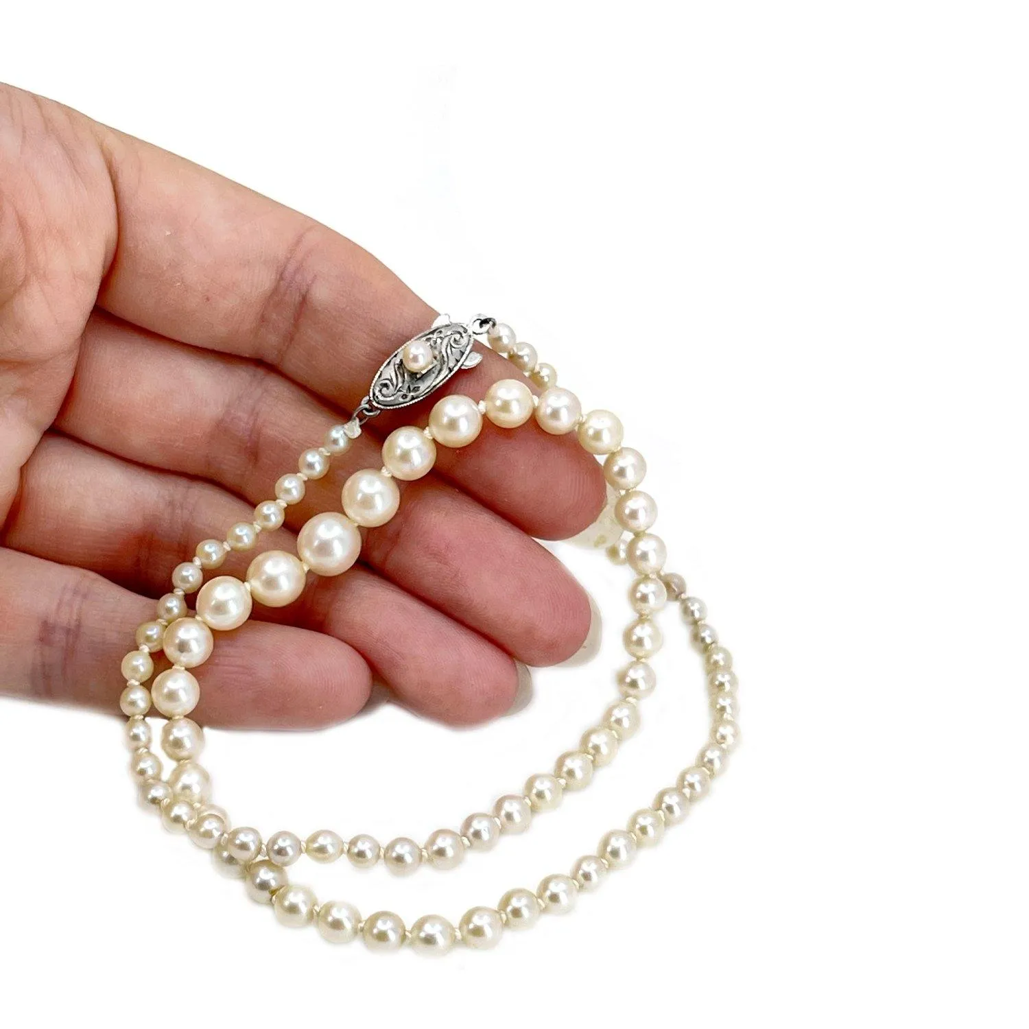 Art Deco Japanese Saltwater Cultured Akoya Pearl Graduated Necklace - Sterling Silver 16.50 Inch