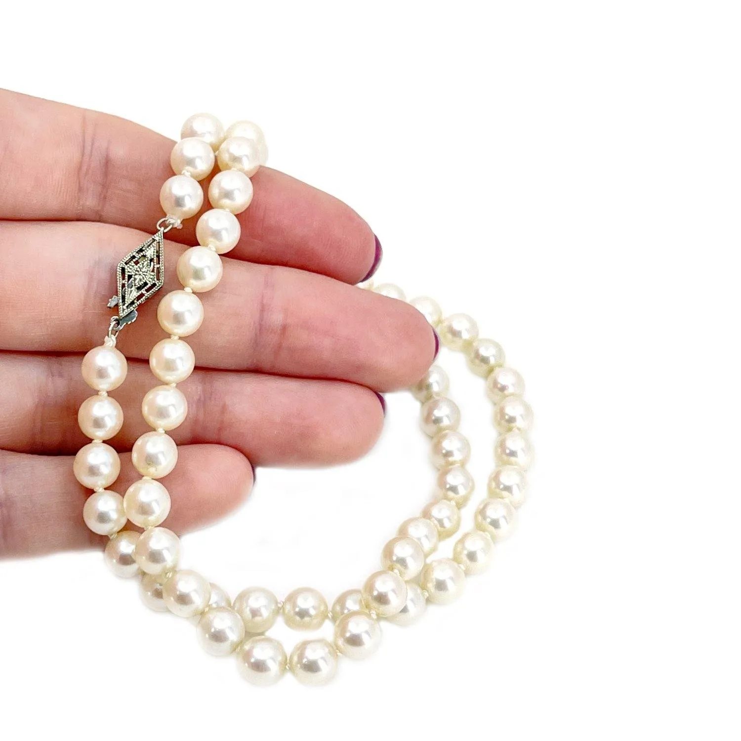 Art Deco Japanese Saltwater Cultured Akoya Pearl Necklace - 18K White Gold 18 Inch