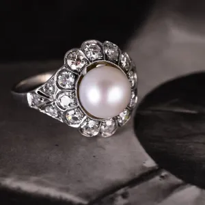 Art Deco Pearl & Diamond Floral Cocktail Ring