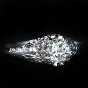 Art Deco Platinum 0.70 Carat Old European Cut Diamond Engagement Ring