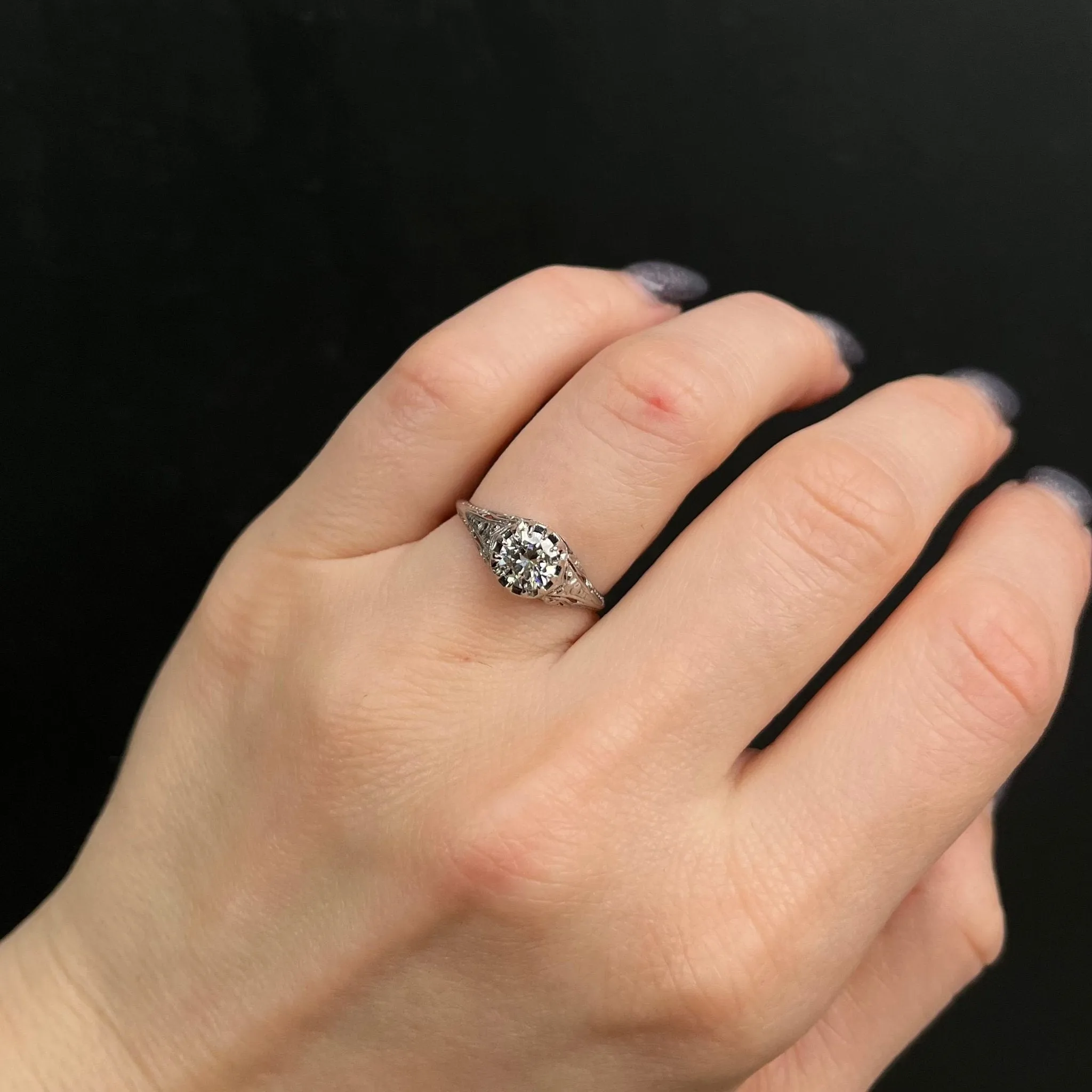 Art Deco Platinum 0.70 Carat Old European Cut Diamond Engagement Ring