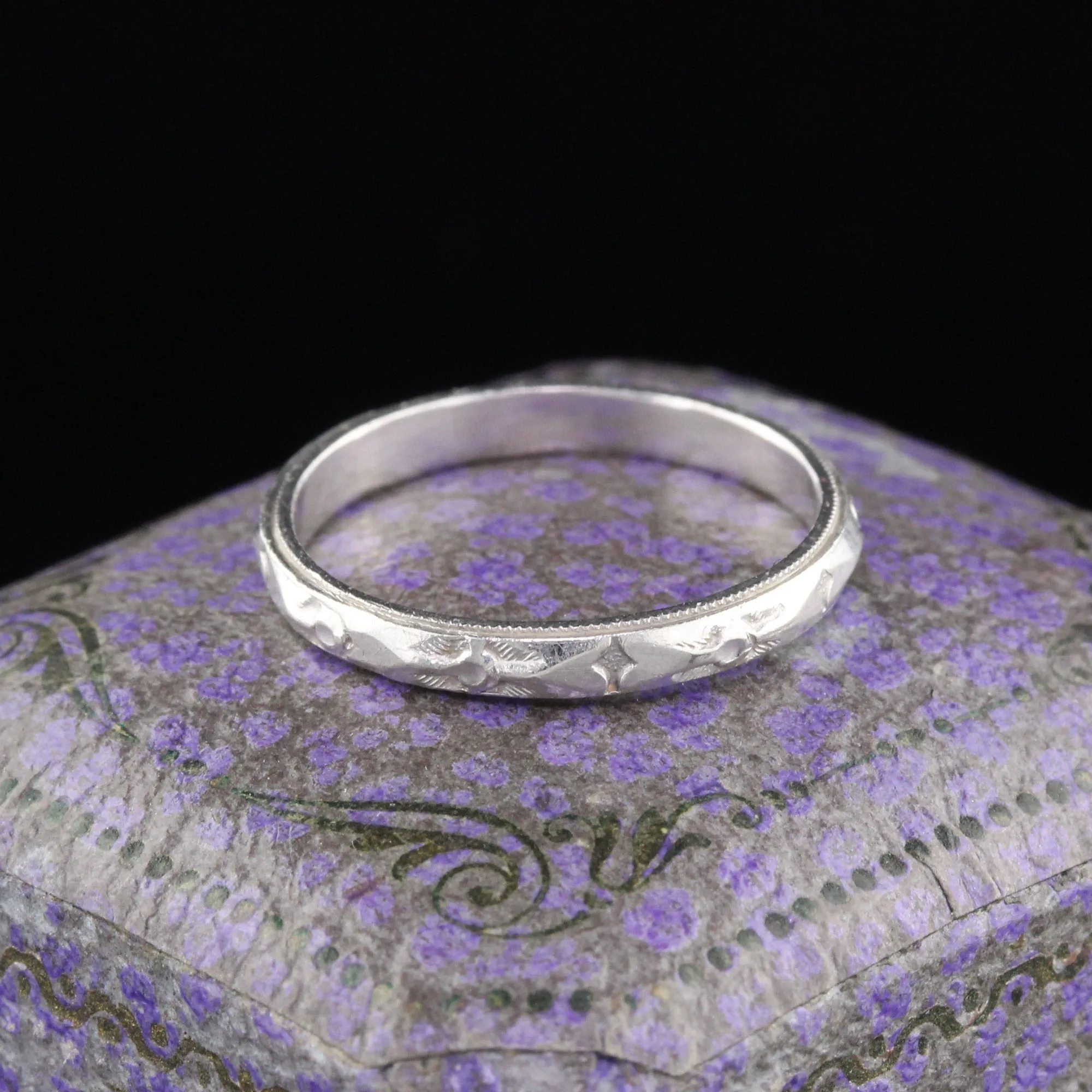 Art Deco Platinum Engraved Wedding Band - Size 5