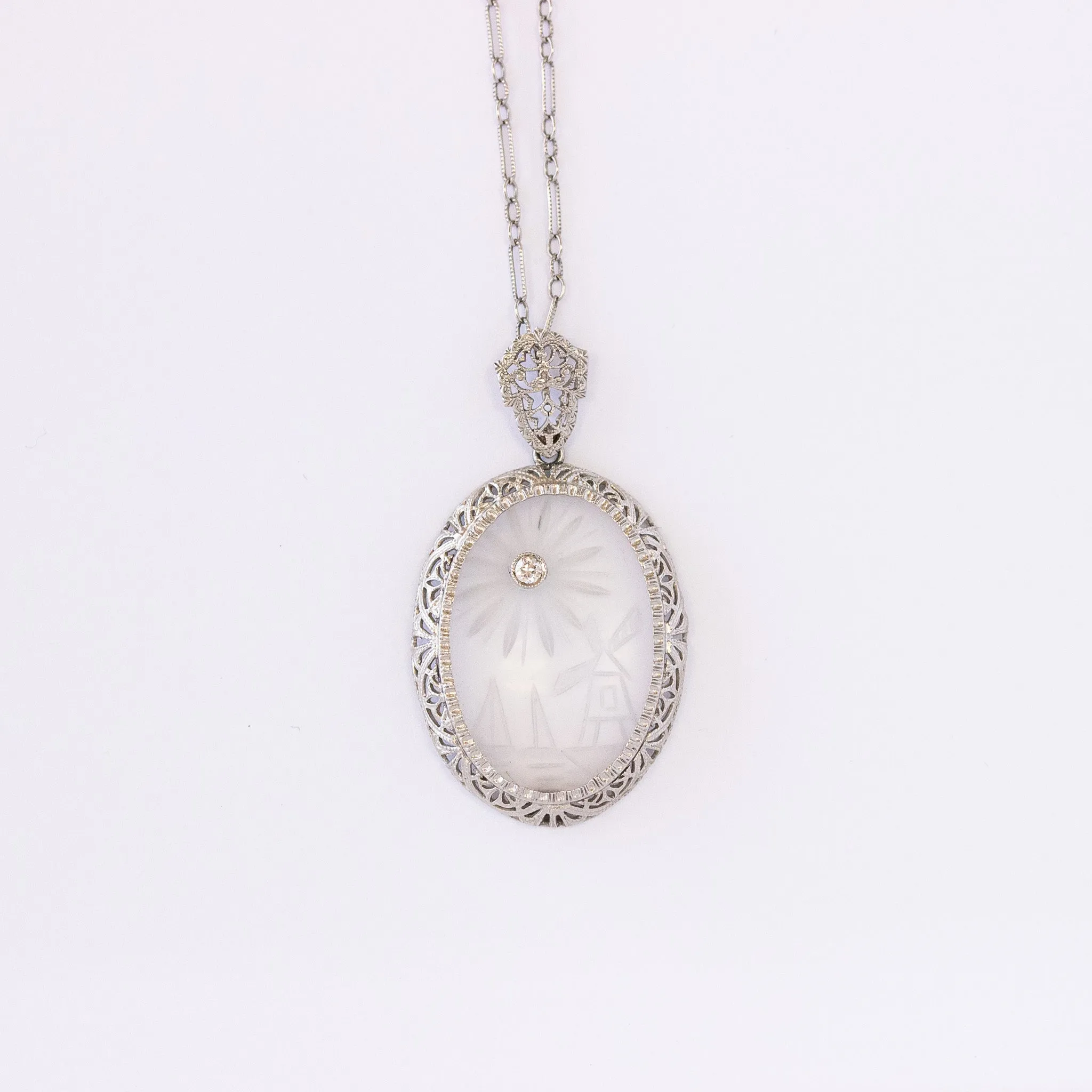 Art Deco Sunray Crystal Diamond Pendant, 14k