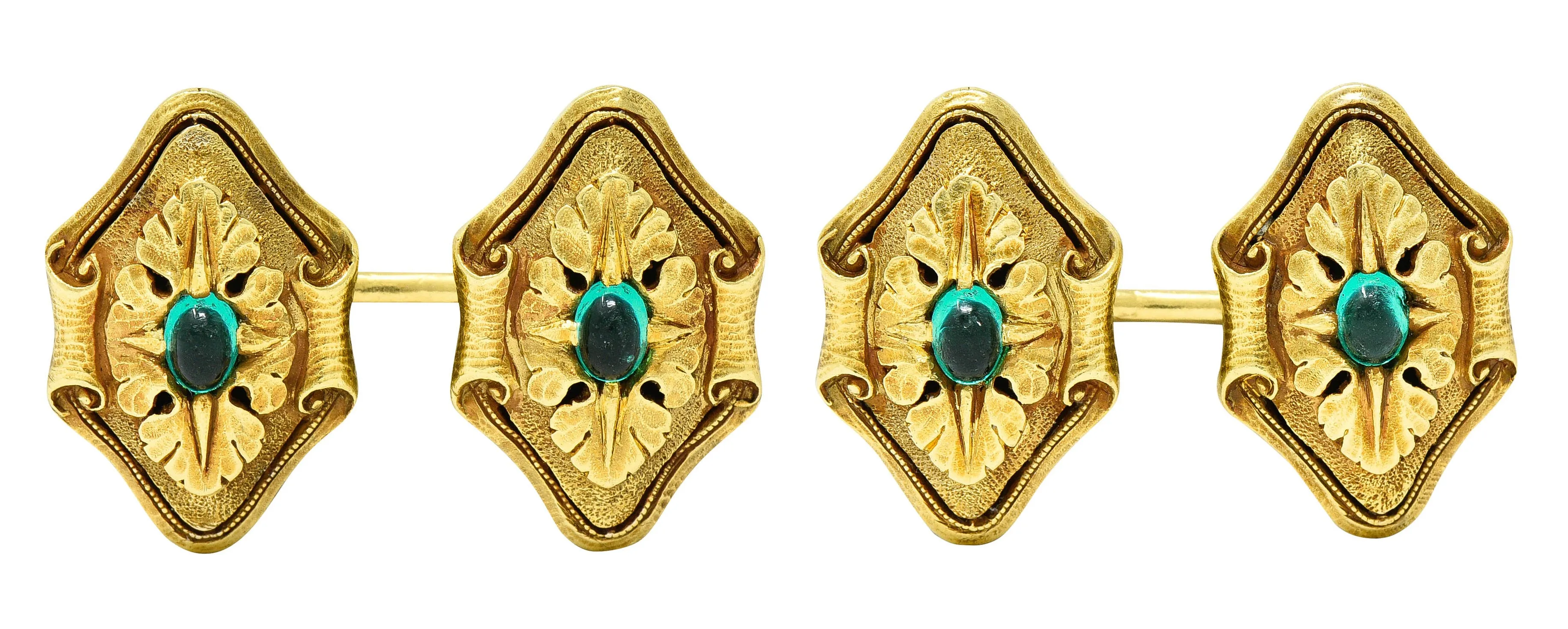 Art Nouveau Diopside 18 Karat Green Gold Foliate Men's Cufflinks
