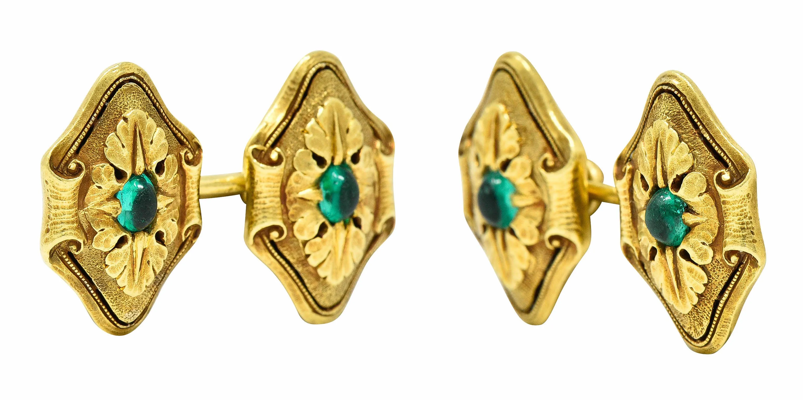 Art Nouveau Diopside 18 Karat Green Gold Foliate Men's Cufflinks