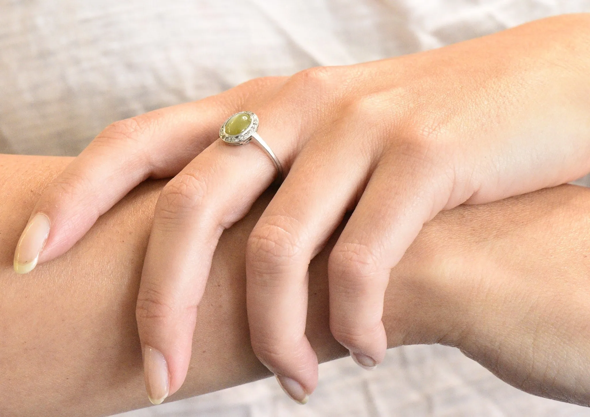 Bailey Banks & Biddle 2.30 CTW Cat’s Eye Chrysoberyl Diamond Platinum Halo Ring