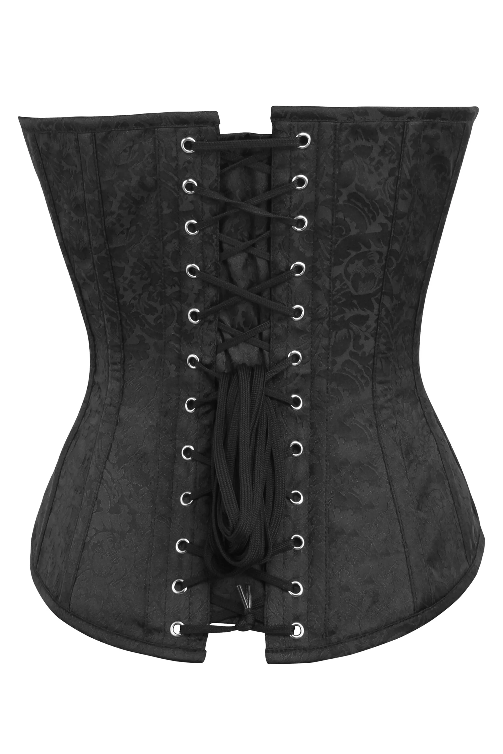 Black Brocade Overbust Corset with Front Zip and Button Detailing