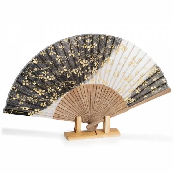 Black Cherry Blossom Silk & Bamboo Japanese Folding Fan