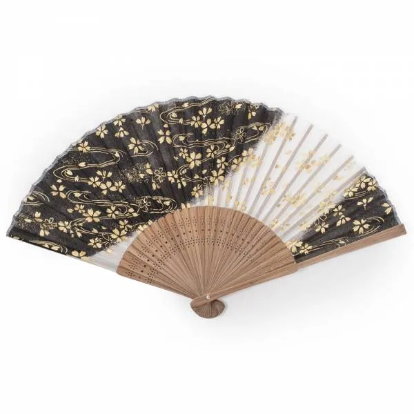 Black Cherry Blossom Silk & Bamboo Japanese Folding Fan