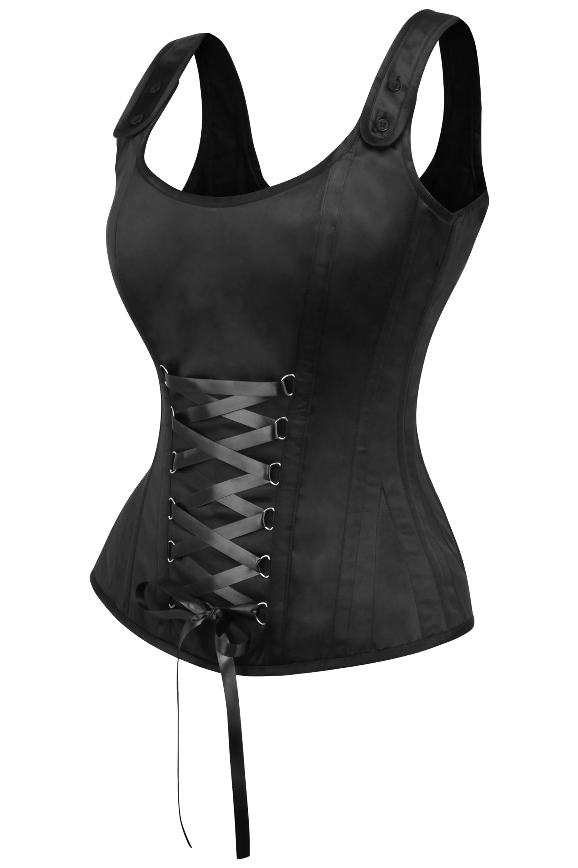 Black Satin Overbust Corset with zip fastening and button detail straps