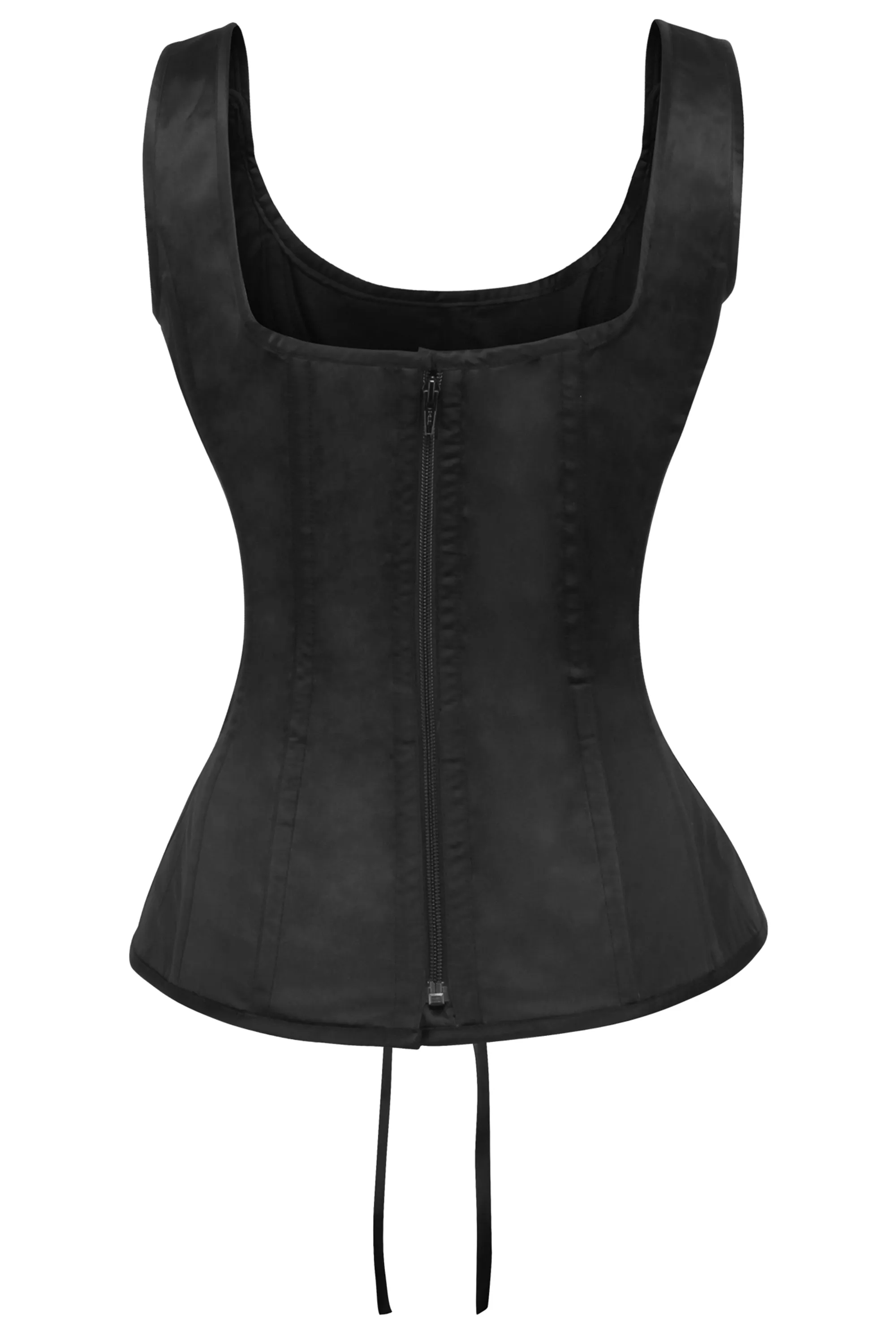 Black Satin Overbust Corset with zip fastening and button detail straps