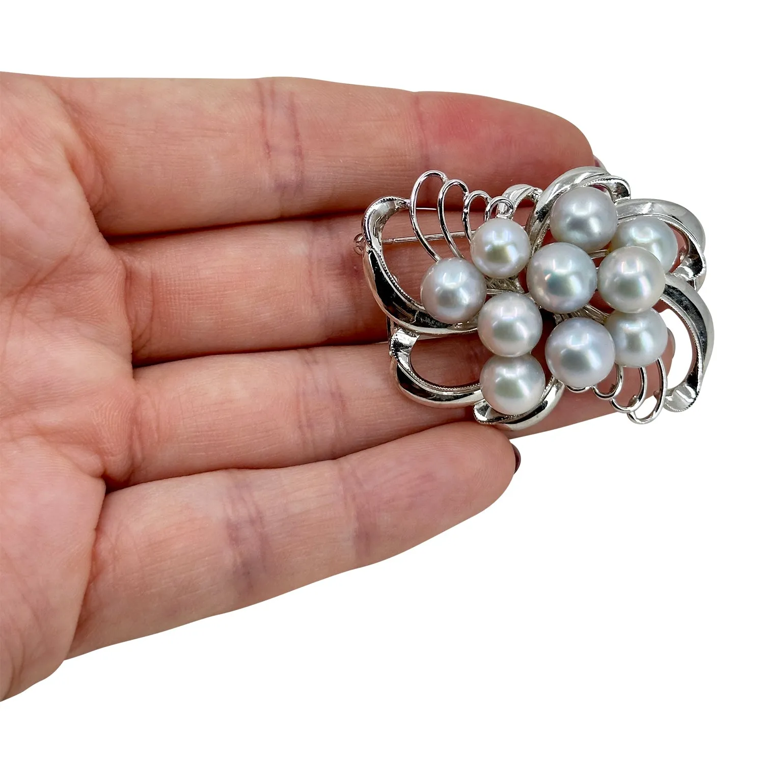 Blue Gray Mid Century Modern Japanese Saltwater Akoya Cultured Pearl Obidome Brooch- Sterling Silver