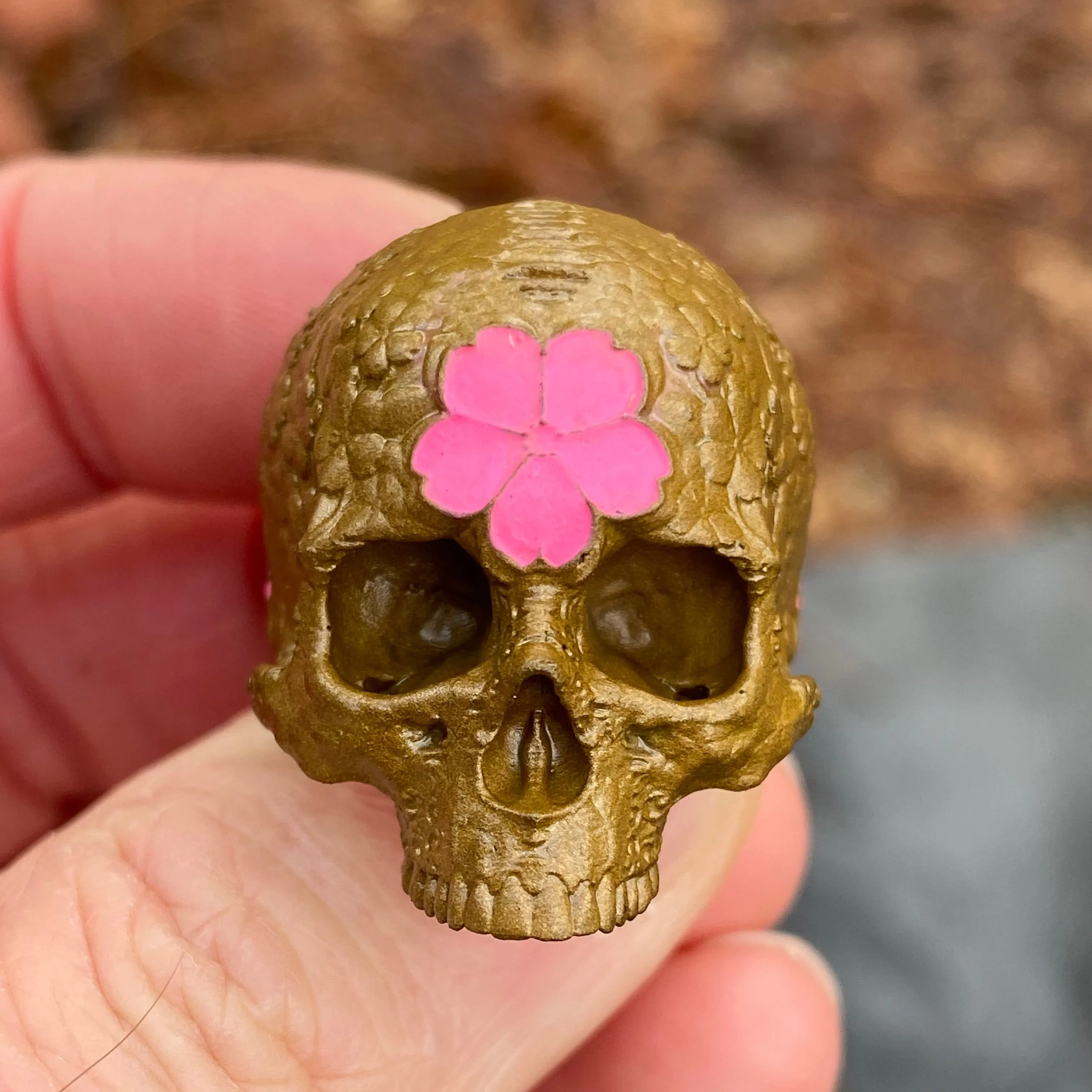 Brass Japanese Garden Skull w/ pink ceramic cherry blossom, sz9
