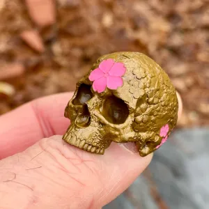 Brass Japanese Garden Skull w/ pink ceramic cherry blossom, sz9