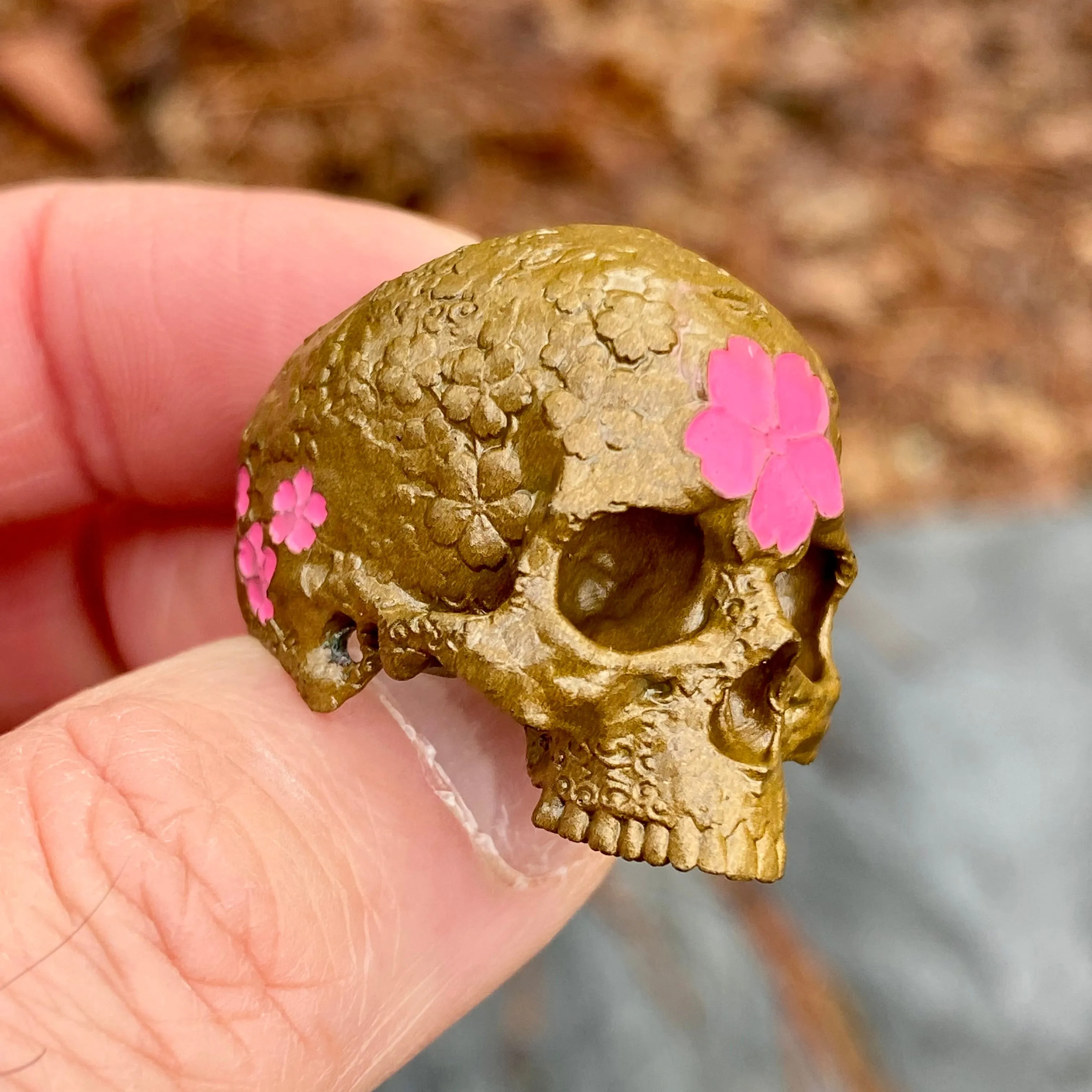 Brass Japanese Garden Skull w/ pink ceramic cherry blossom, sz9