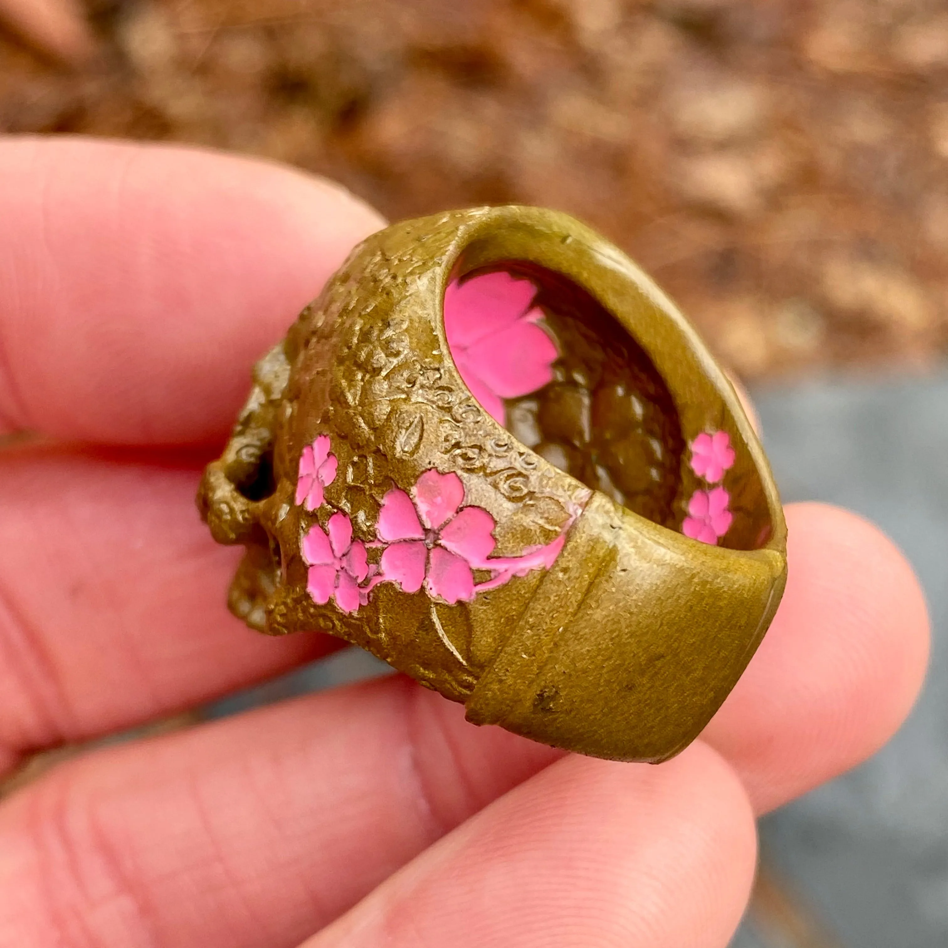 Brass Japanese Garden Skull w/ pink ceramic cherry blossom, sz9