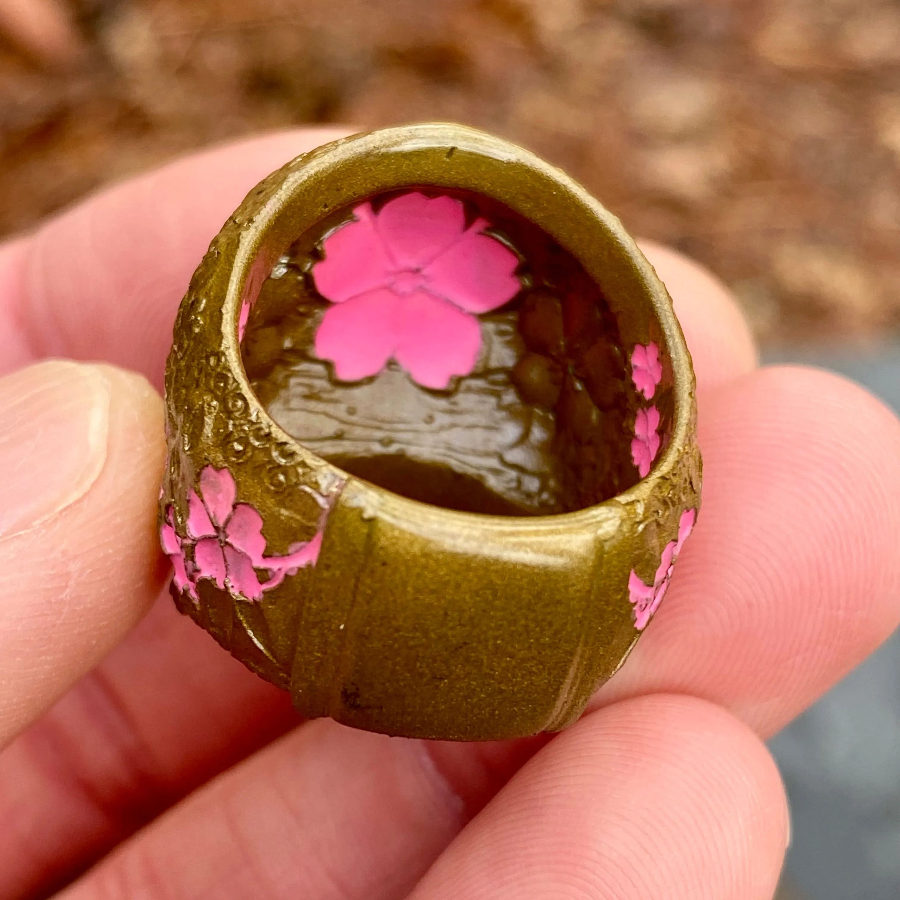 Brass Japanese Garden Skull w/ pink ceramic cherry blossom, sz9