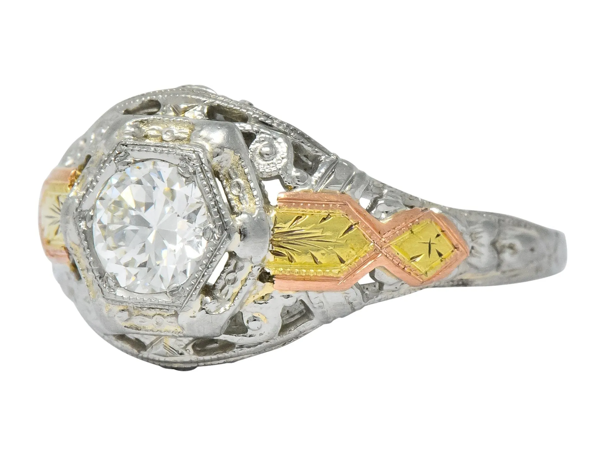 Bud & Blossom Art Deco 0.42 CTW Diamond 14 Karat Tri-Colored Gold Engagement Ring