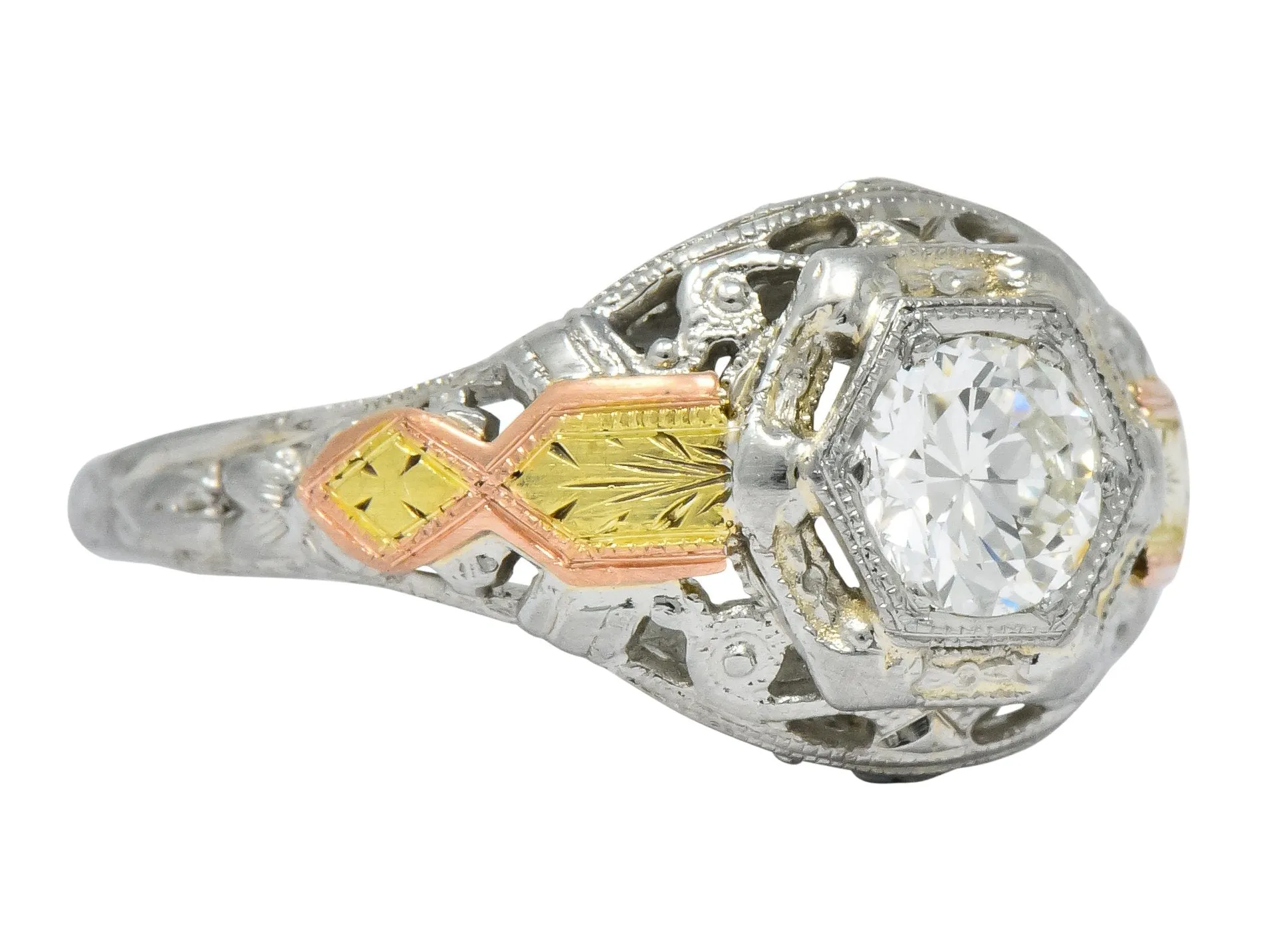 Bud & Blossom Art Deco 0.42 CTW Diamond 14 Karat Tri-Colored Gold Engagement Ring