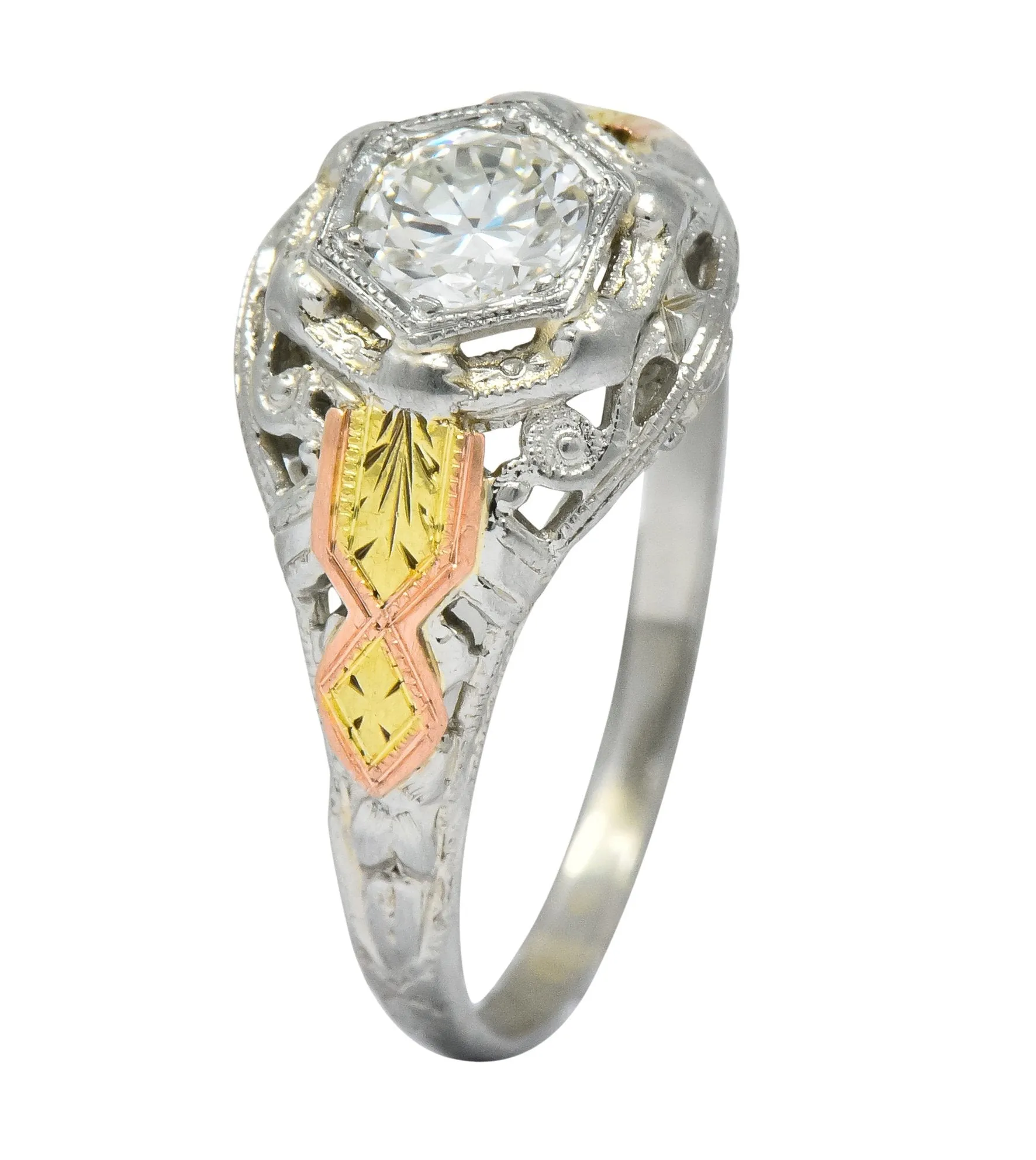 Bud & Blossom Art Deco 0.42 CTW Diamond 14 Karat Tri-Colored Gold Engagement Ring