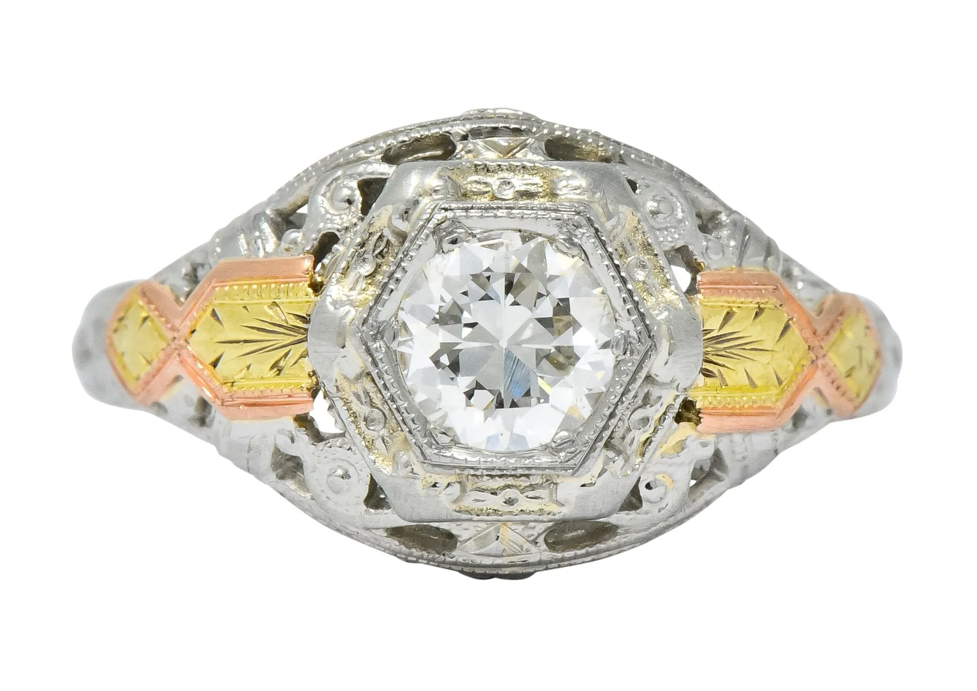 Bud & Blossom Art Deco 0.42 CTW Diamond 14 Karat Tri-Colored Gold Engagement Ring