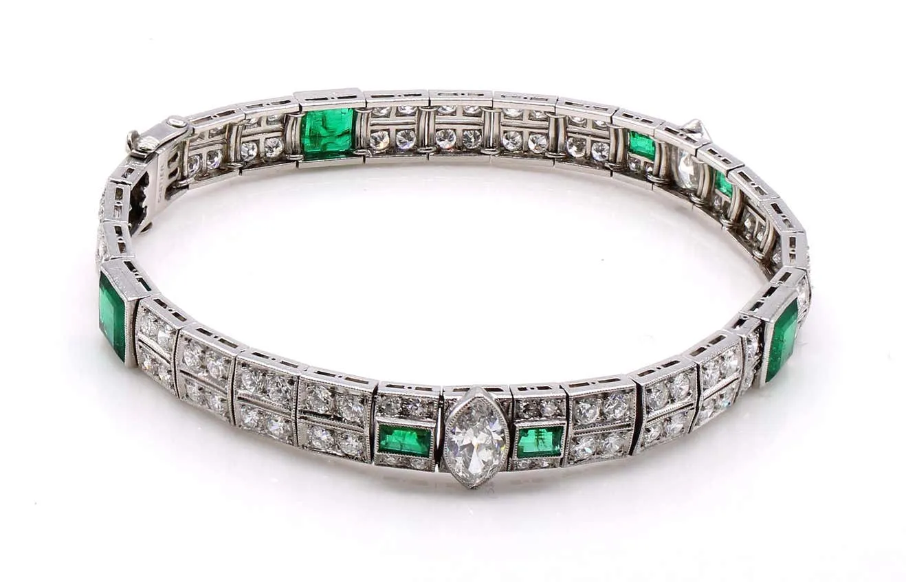 Cartier Art Deco Emerald Diamond Platinum Bracelet