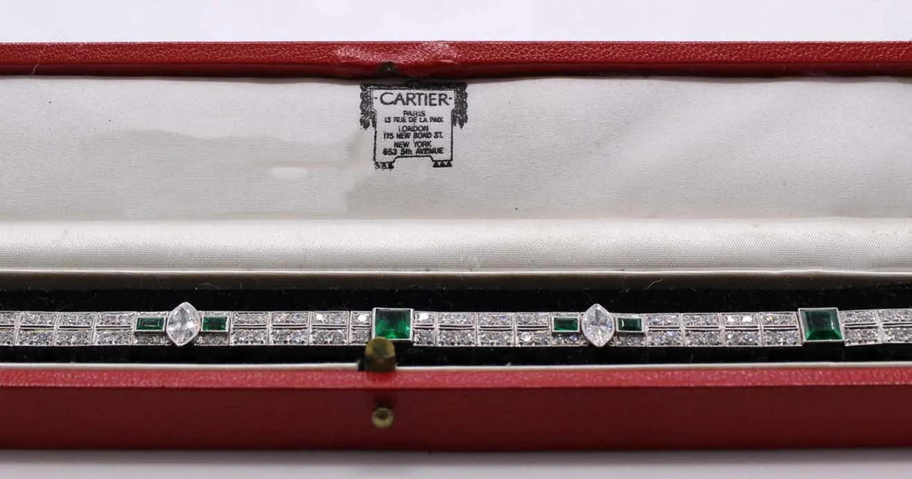 Cartier Art Deco Emerald Diamond Platinum Bracelet