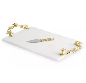 Challah Plate, Cherry Blossom Design, Painted Enamel, Stainless Steel, Goldtone, Marble