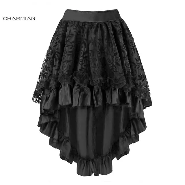 Charmian Women's Steampunk Gothic Vintage Skirt Black Floral High Low Skirt Sexy Wedding Party Lace Skirt with Zipper