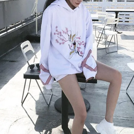 Cherry Blossom Stork Loose Hoodie Sweater SD00289