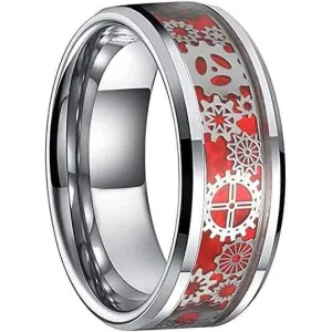 Chester Men's Steampunk Gear Wheel Red Carbon Fiber Inlay Tungsten Ring - 8mm