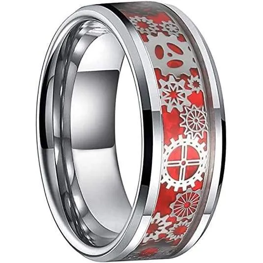 Chester Men's Steampunk Gear Wheel Red Carbon Fiber Inlay Tungsten Ring - 8mm