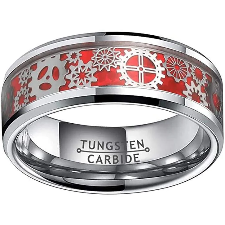 Chester Men's Steampunk Gear Wheel Red Carbon Fiber Inlay Tungsten Ring - 8mm